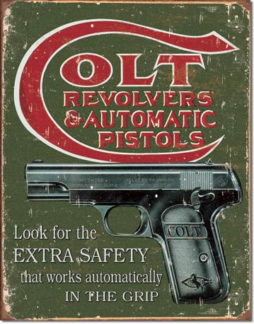 COLT REVOLVERS & AUTOMATIC PISTOLS PLÅTSKYLT 40,5x31,5cm